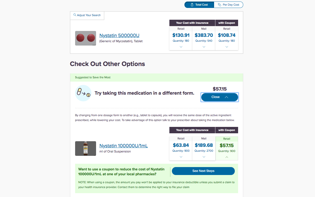 The Rx Savings Solutions online portal showing members of a price jump for Nystatin, a common antifungal, and alternative options at a lower cost.