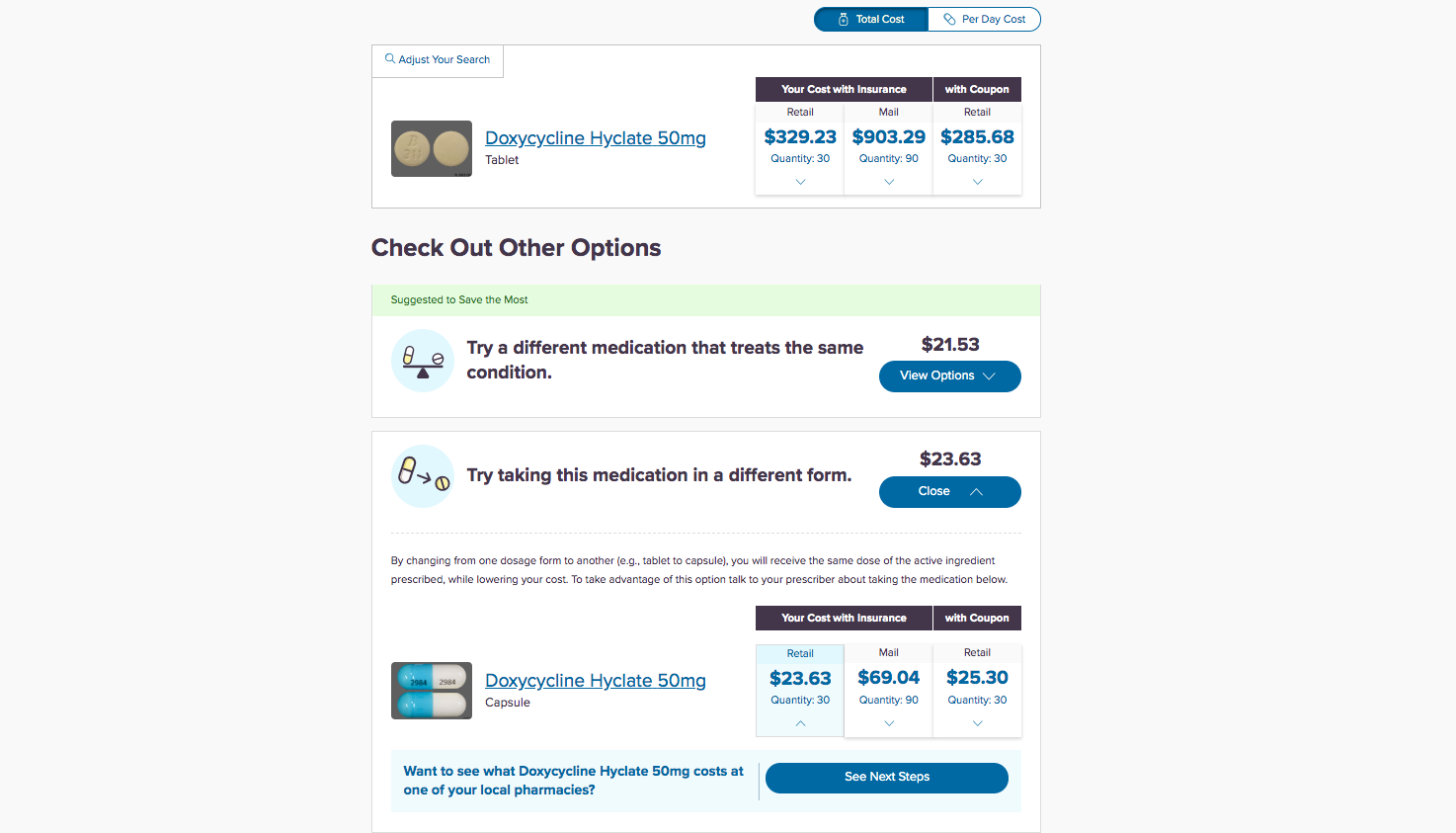 The Rx Savings Solutions online portal showing members of a price jump for the antibiotic Doxycycline Hyclatel, and alternative options at a lower cost.