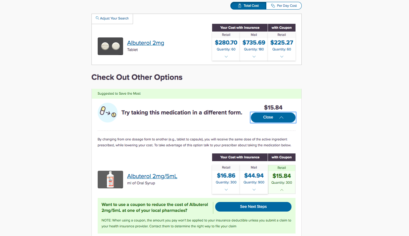 The Rx Savings Solutions online portal showing members of a price jump for Albuterol Sulfate, a widely prescribed drug for asthma and other respiratory conditions, and alternative options at a lower cost.