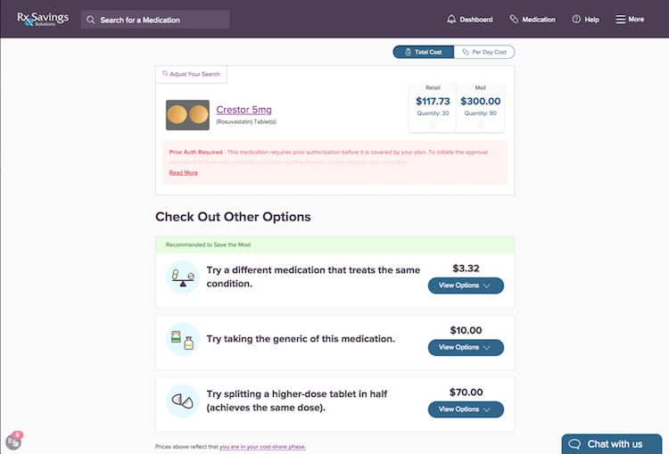 The Rx Savings Solutions online portal shows a screen that would appear if a member searched for Crestor 5mg tablets; a section titled "Check Out Other Options" is below