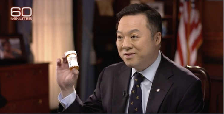 Connecticut Attorney General William Tong on the CBS show 60 Minutes with his own prescription, one of the generic drugs in an alleged price-fixing conspiracy. 